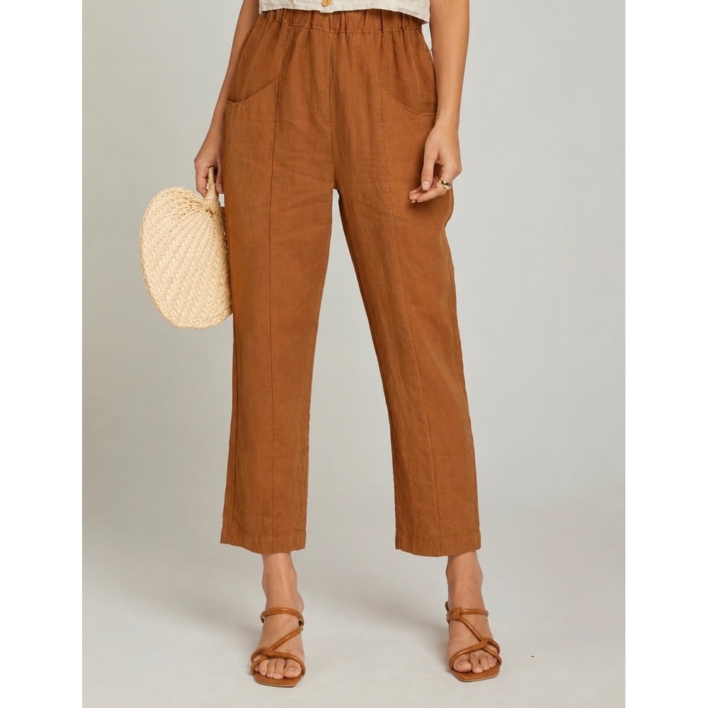 MATE the Label Willow 100% Linen Elastic Waist Crop Pants Brown Medium